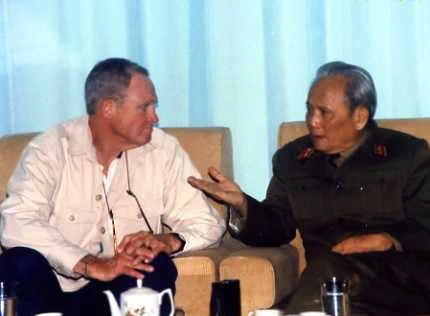 Galloway, Moore, and Sr. Gen Chu Huy Man discuss the Ia Drang Battles in 1991 in Hanoi. Man was the overall PAVN commander of the division sized force opposing the 1st Cavalry Division in the Central Highlands.